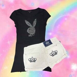 PLAYBOY Black Short Sleeve Tee with Rhinestone Bunny